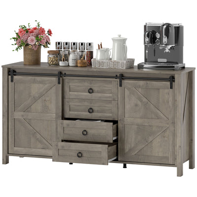 HOMCOM 60" Buffet Cabinet, Farmhouse Sideboard with Sliding Barn Doors, Drawers and Adjustable Shelves, Distressed Light Grey 