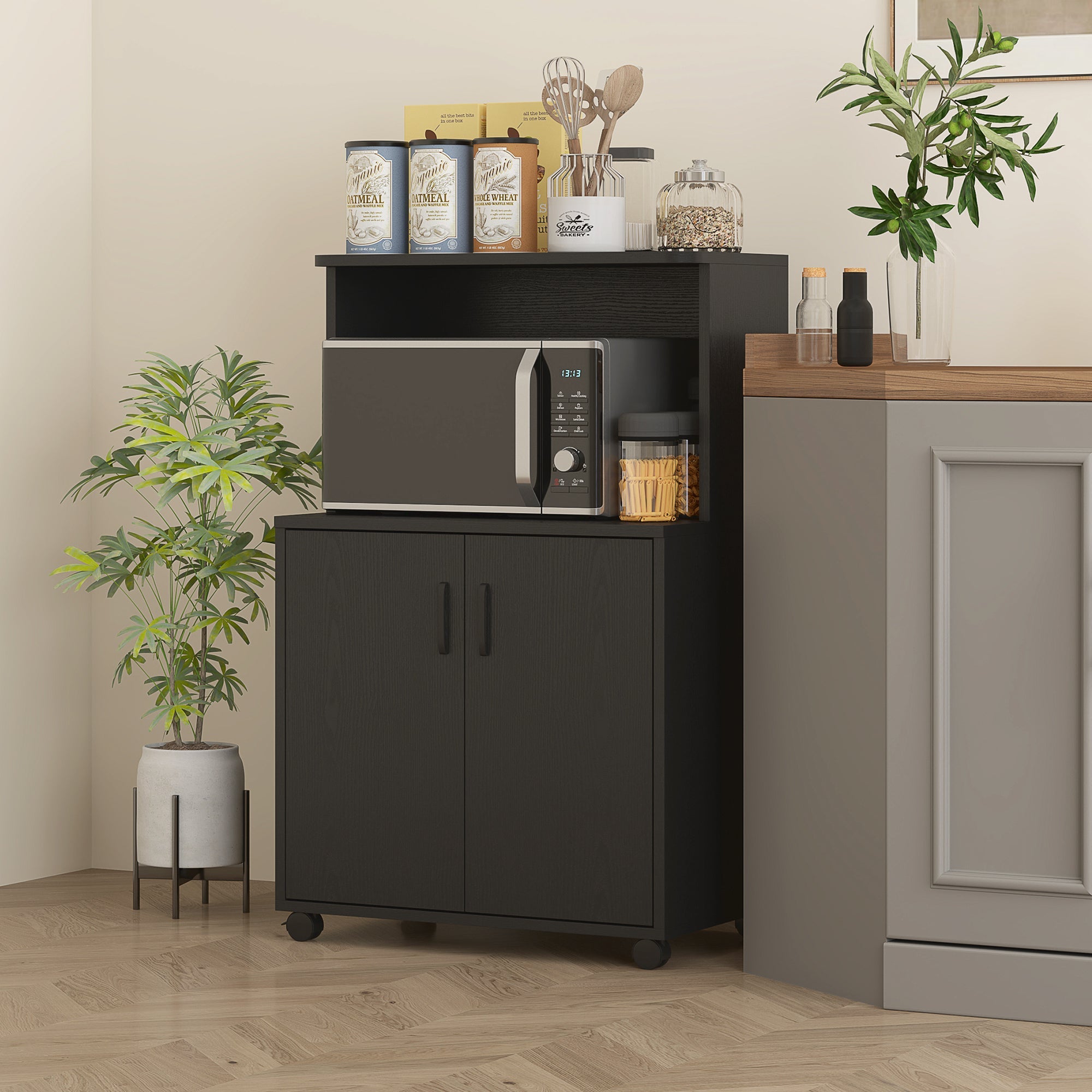 HOMCOM Microwave Cart on Wheels Utility Trolley Storage Sideboard Bookcase with 2-door Cabinet, Black Wood Grain 