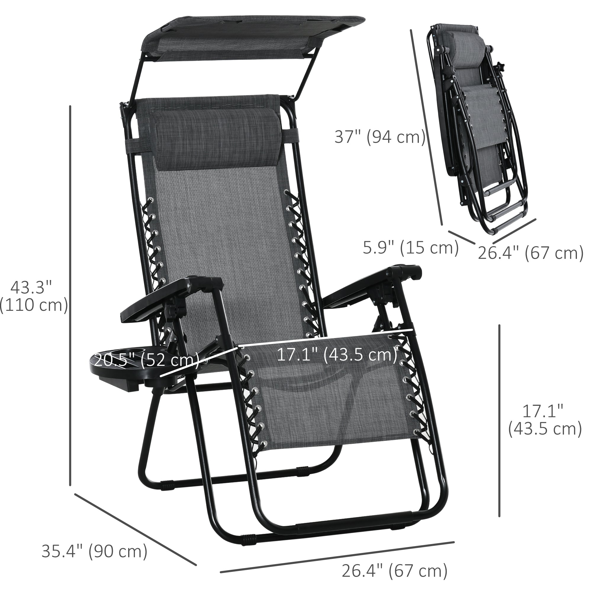 Outsunny Outdoor Zero Gravity Reclining Lounger Chair with Canopy Shade, Side Tray, Cupholder, Light Grey 
