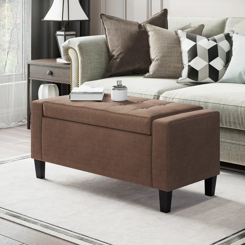Storage Ottoman Bench, Linen Upholstered Bench with Tufted Design, Brown