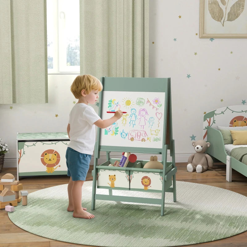Qaba Art Easel for Kids, Double-Sided Whiteboard & Chalkboard with Paper Roll, 2 Storage Boxes, Gift for Boys, Girls, Green