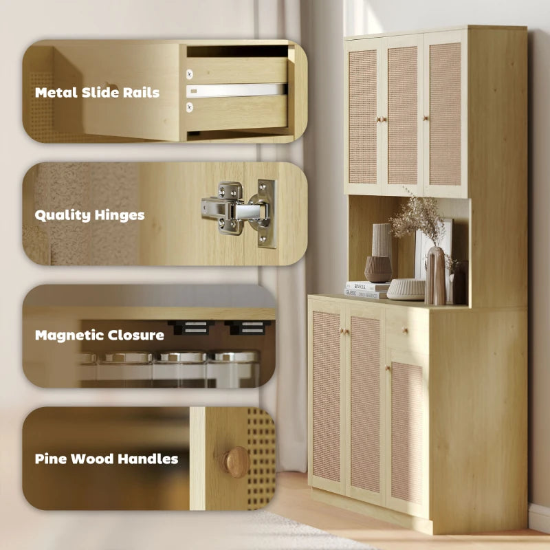 Kitchen Hutch with Microwave Countertop, 71" Boho Kitchen Pantry Cabinet with Decorative Rattan Doors, Natural