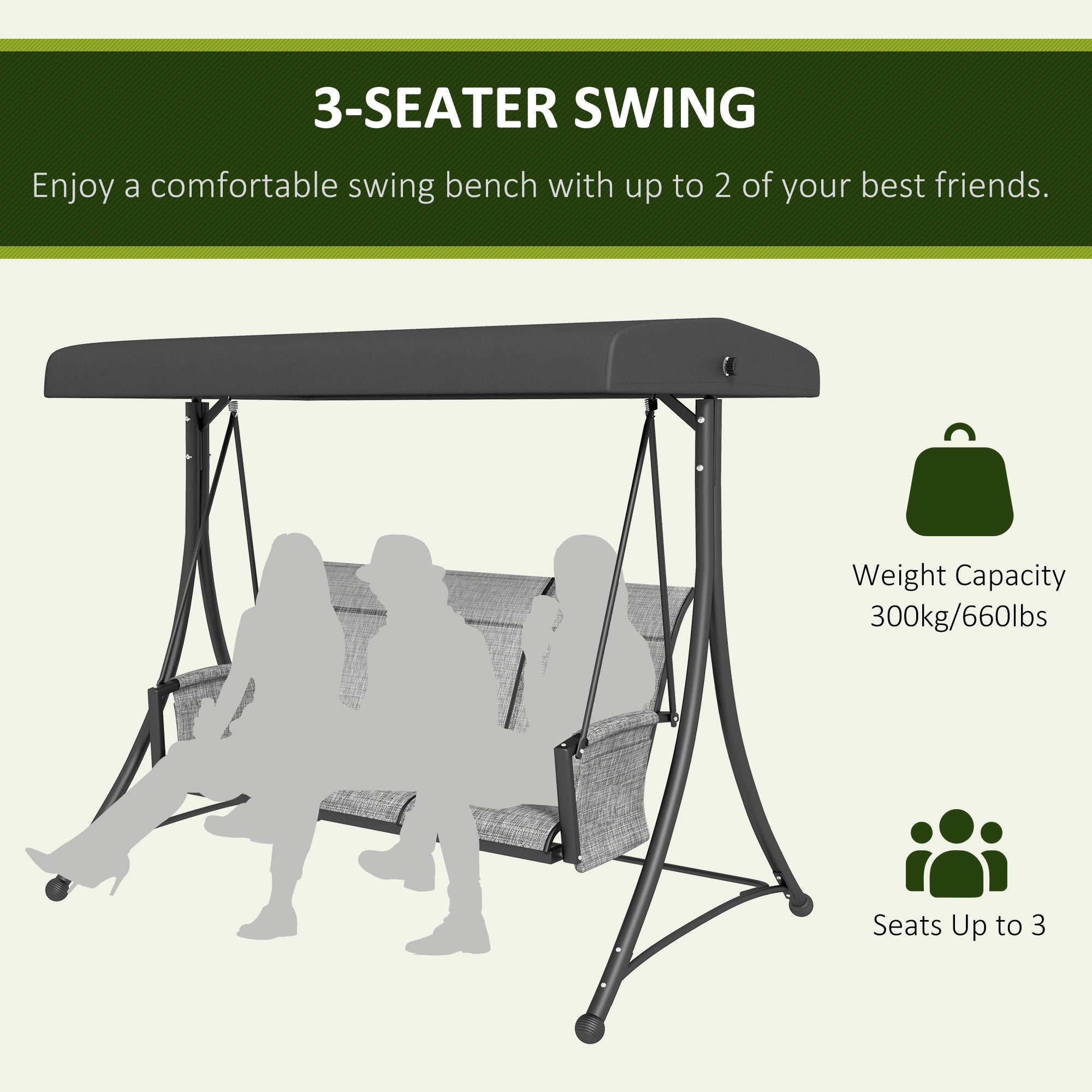 Outsunny 3 Person Outdoor Swing Chair - Adjustable Canopy for Optimal Shade, Comfortable Seating, Sleek Black 