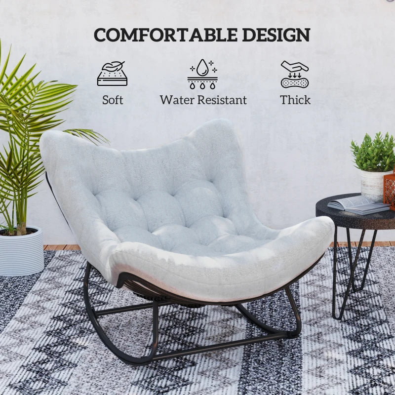 Oversized Rattan Patio Egg Chair, Outdoor Rocking Chair with Padded Cushion for Indoor, Porch, Grey
