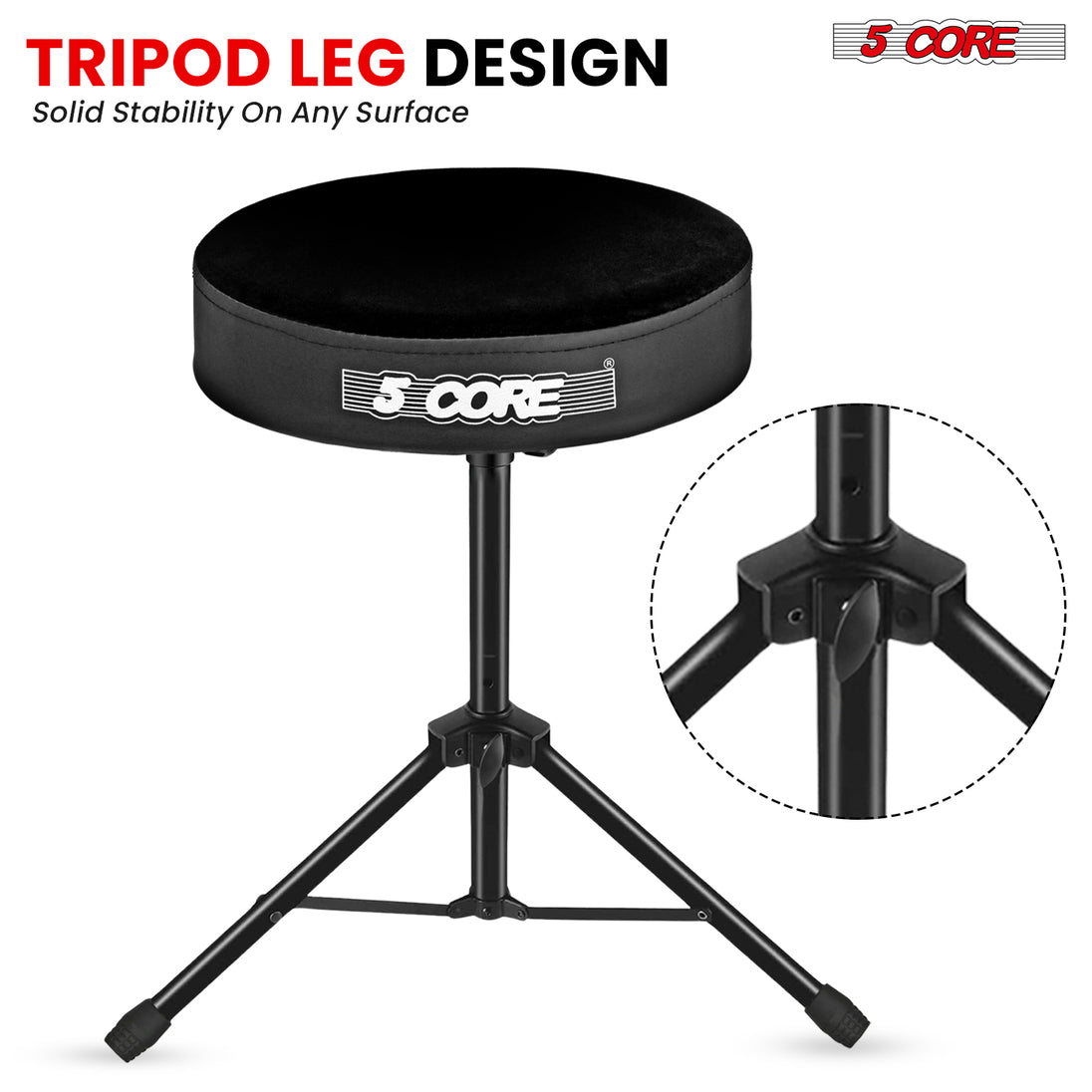 5Core Drum Throne Adjustable Guitar Stool Padded Drummer Seat for Adults & Kids VELVET BLACK