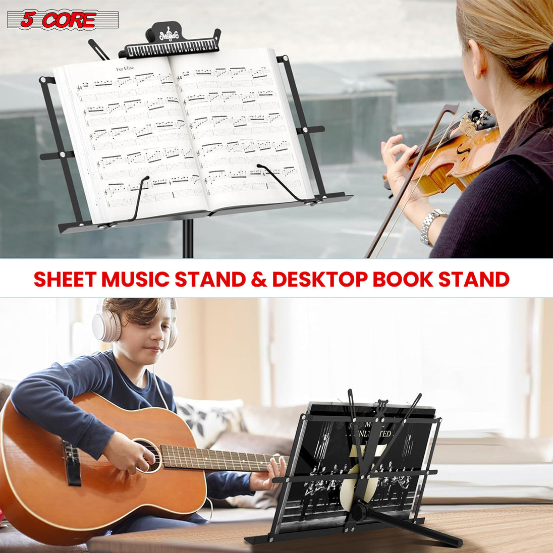 5Core Music Stand For Sheet Music Portable Tripod Adjustable Folding With Lights Note Holder BLACK