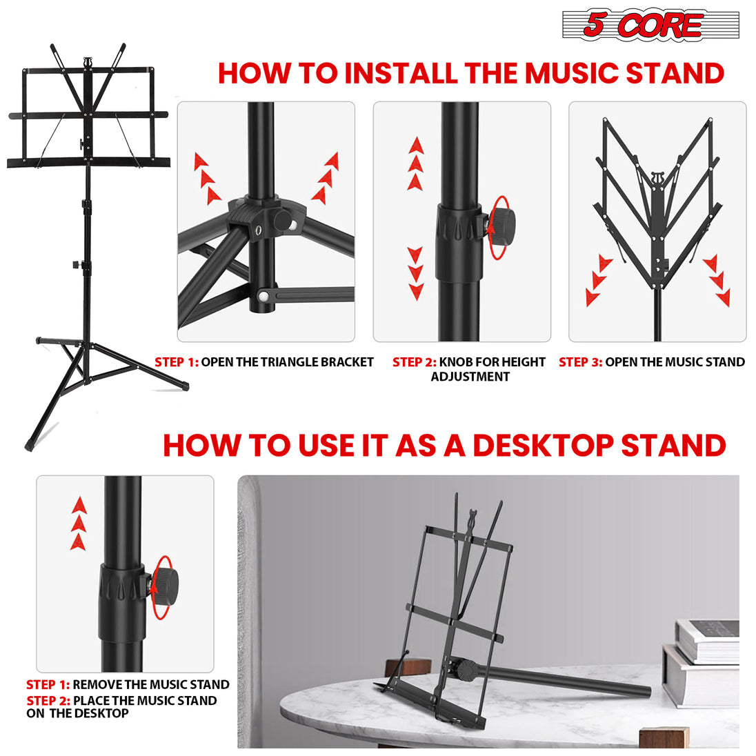 5Core Portable Music Stand for Sheet Music Adjustable Tripod Folding Note Holder Black