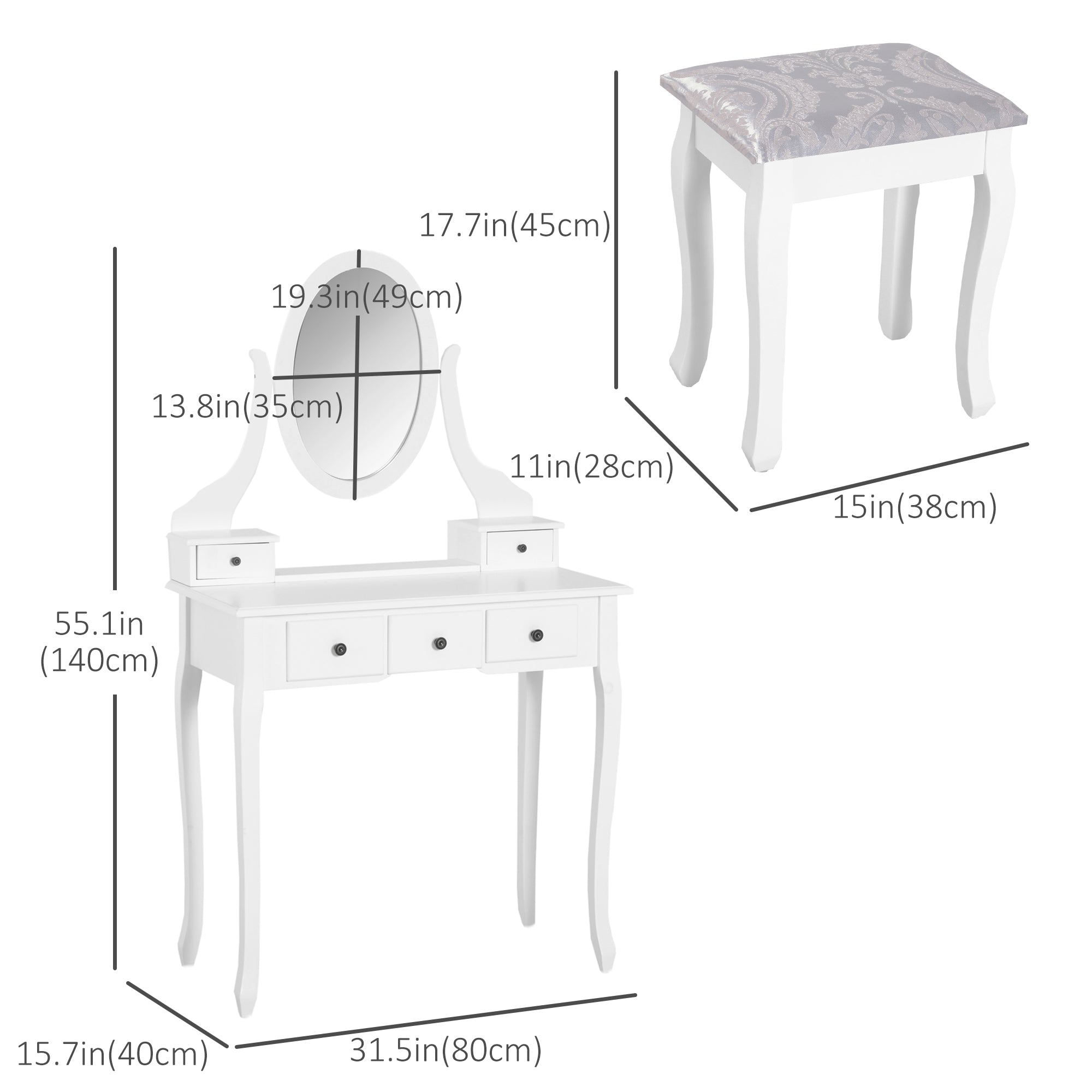 HOMCOM Wooden Vanity Table Set, Makeup Dressing Table with 360° Rotating, 5 Drawers and Padded Stool, White 
