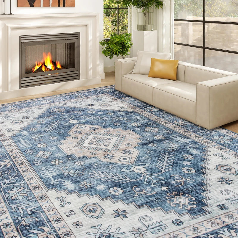 9x12 Area Rug, Vintage Machine Washable Rug, Non-Slip Floor Carpet for Living Room, Bedroom, Dining Room, Blue