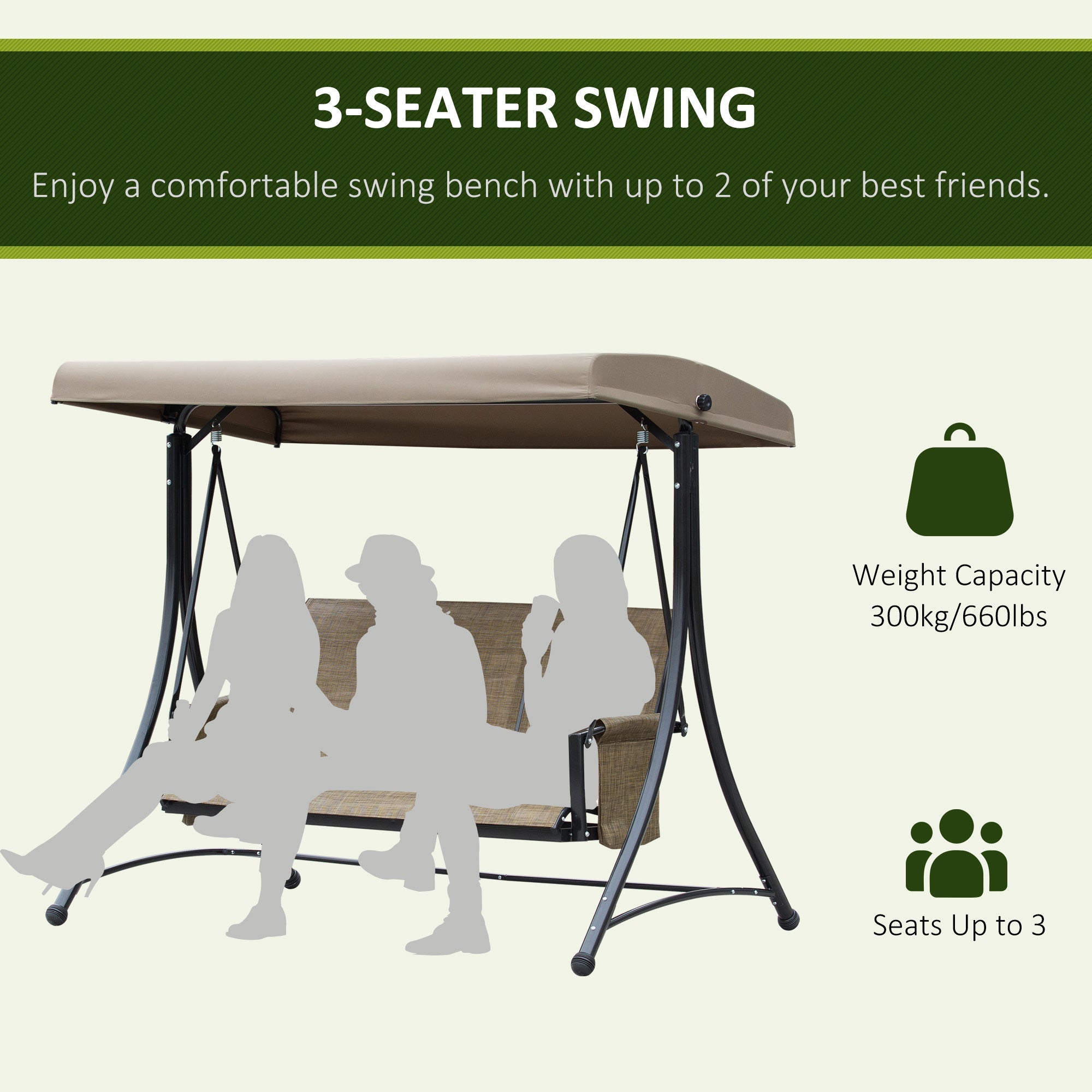 Outsunny 3 Person Porch Swing Outdoor Swing Chair with High Back Design, Side Pouches and Adjustable Canopy, Brown 