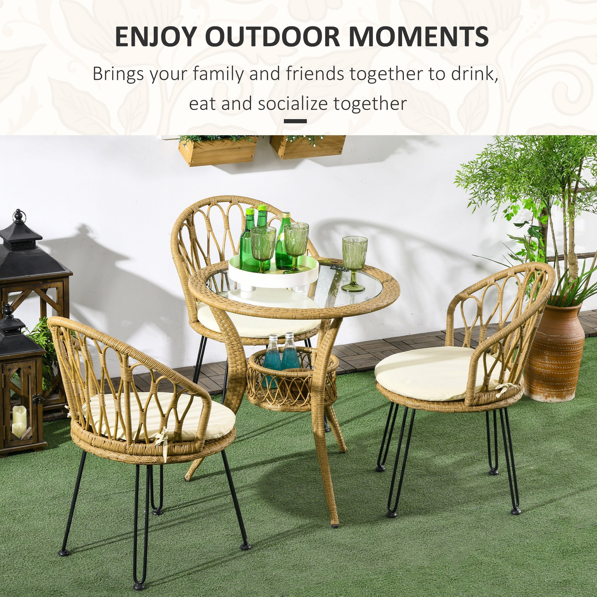 Outsunny 4 Piece Rattan Patio Dining Set Tempered Glass Top Storage Light Brown Furniture 