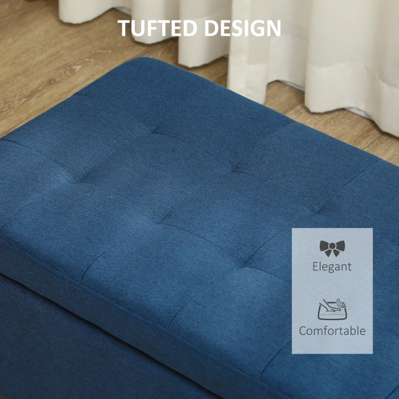 Rectangular Entry Bench, Tufted Upholstered Linen Fabric Wood Feet Storage Ottoman Bench, Blue