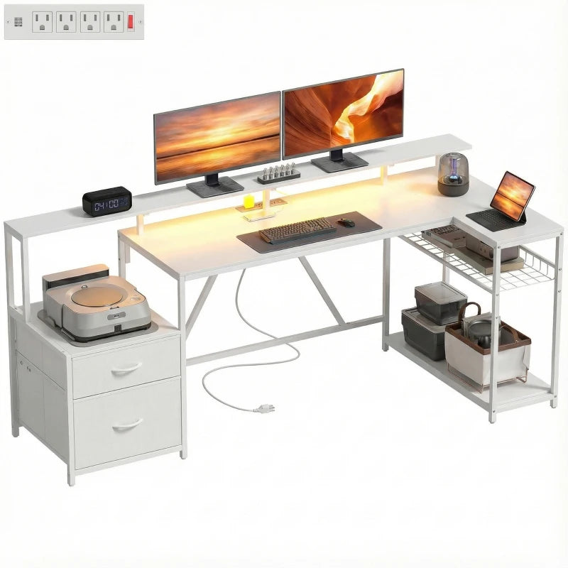 76" Gaming Desk, Reversible Computer Table with RGB Lights, USB Ports, Monitor Stand and 2 Fabric Drawers, White