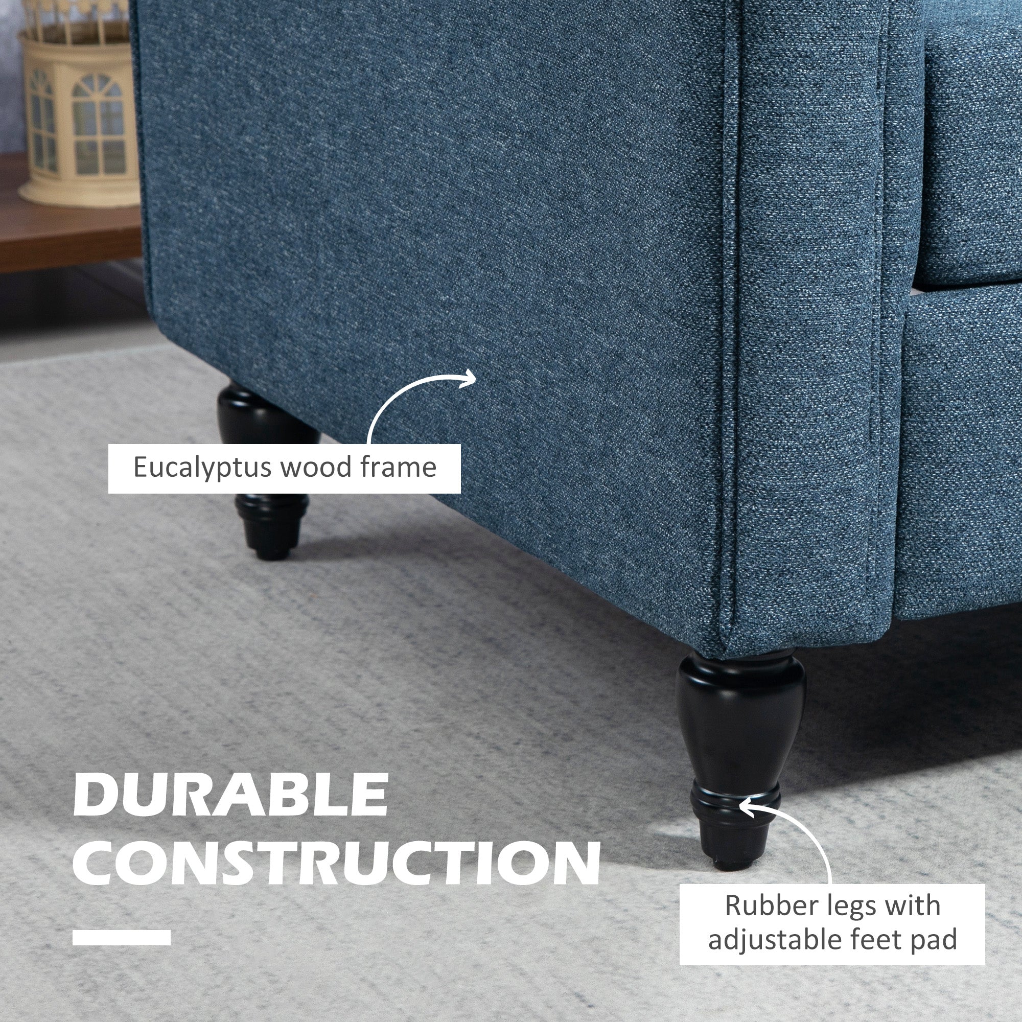 HOMCOM Vintage Loveseat, Upholstered Love Seat Furniture, Fabric 2 Seater Sofa with Rolled Arms, Rubber Wood Legs, Dark Blue 