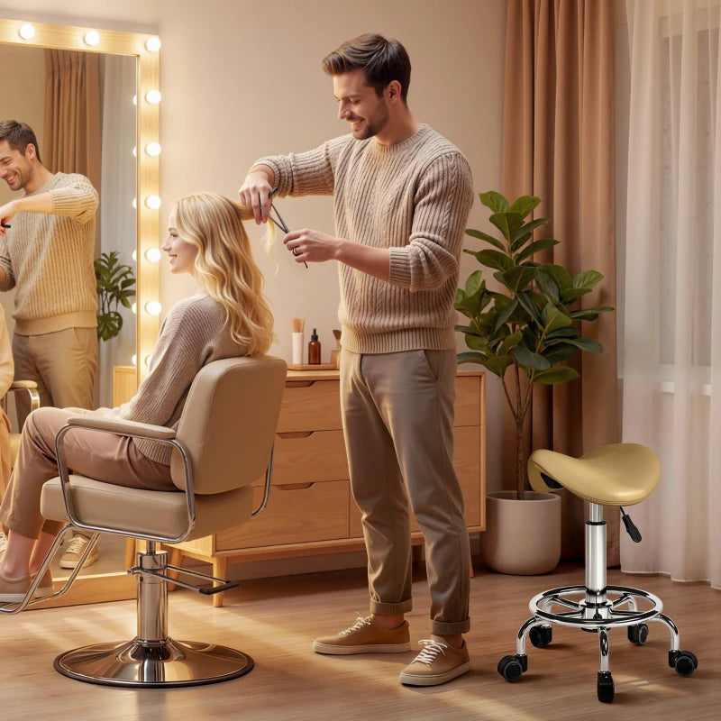 Saddle Stool, PU Leather Adjustable Rolling Salon Chair, Light Brown