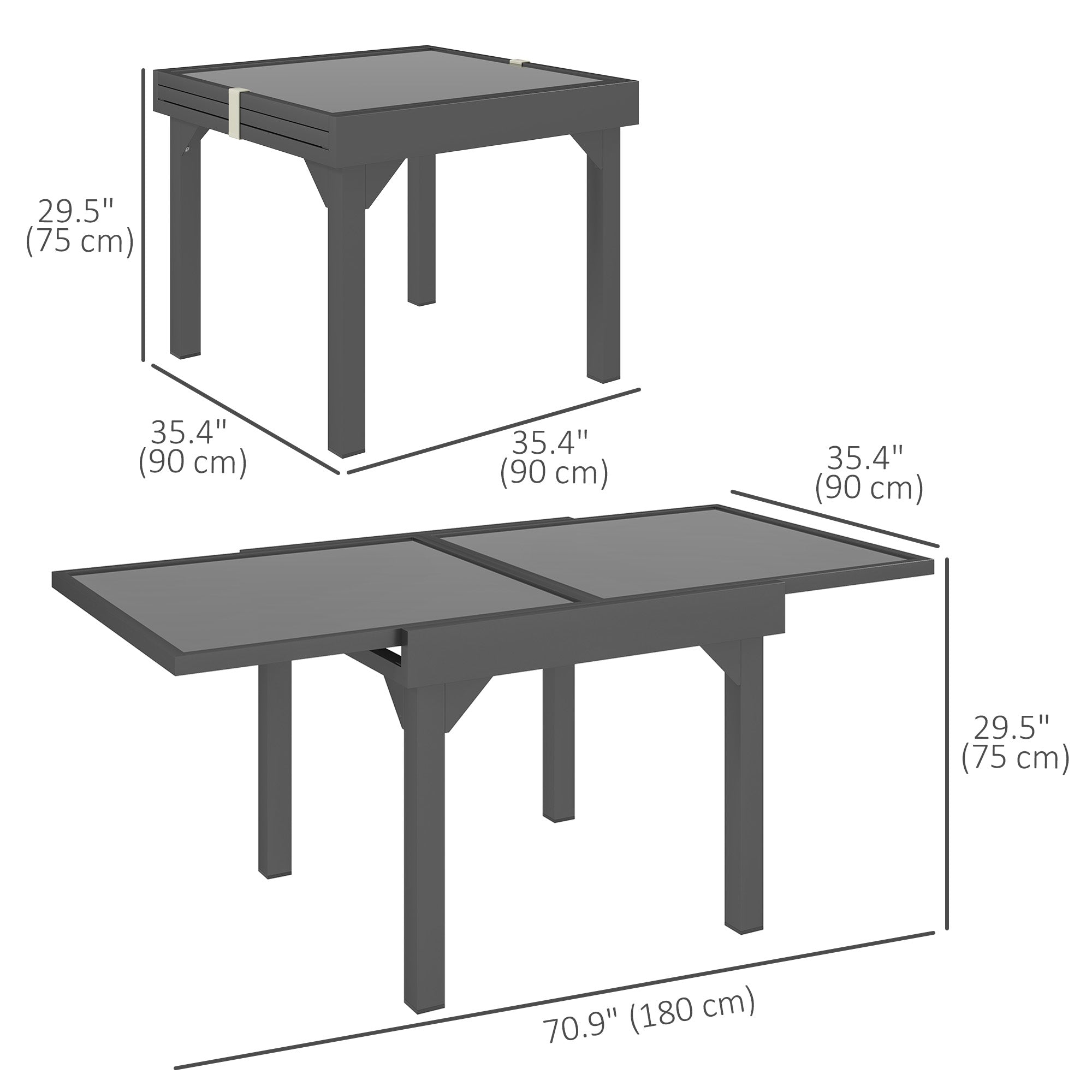 Outsunny 35"-71" Expandable Outdoor Table with Tempered Glass Top, Metal Frame, for 4-6 Person, for Lawn, Garden, Backyard 