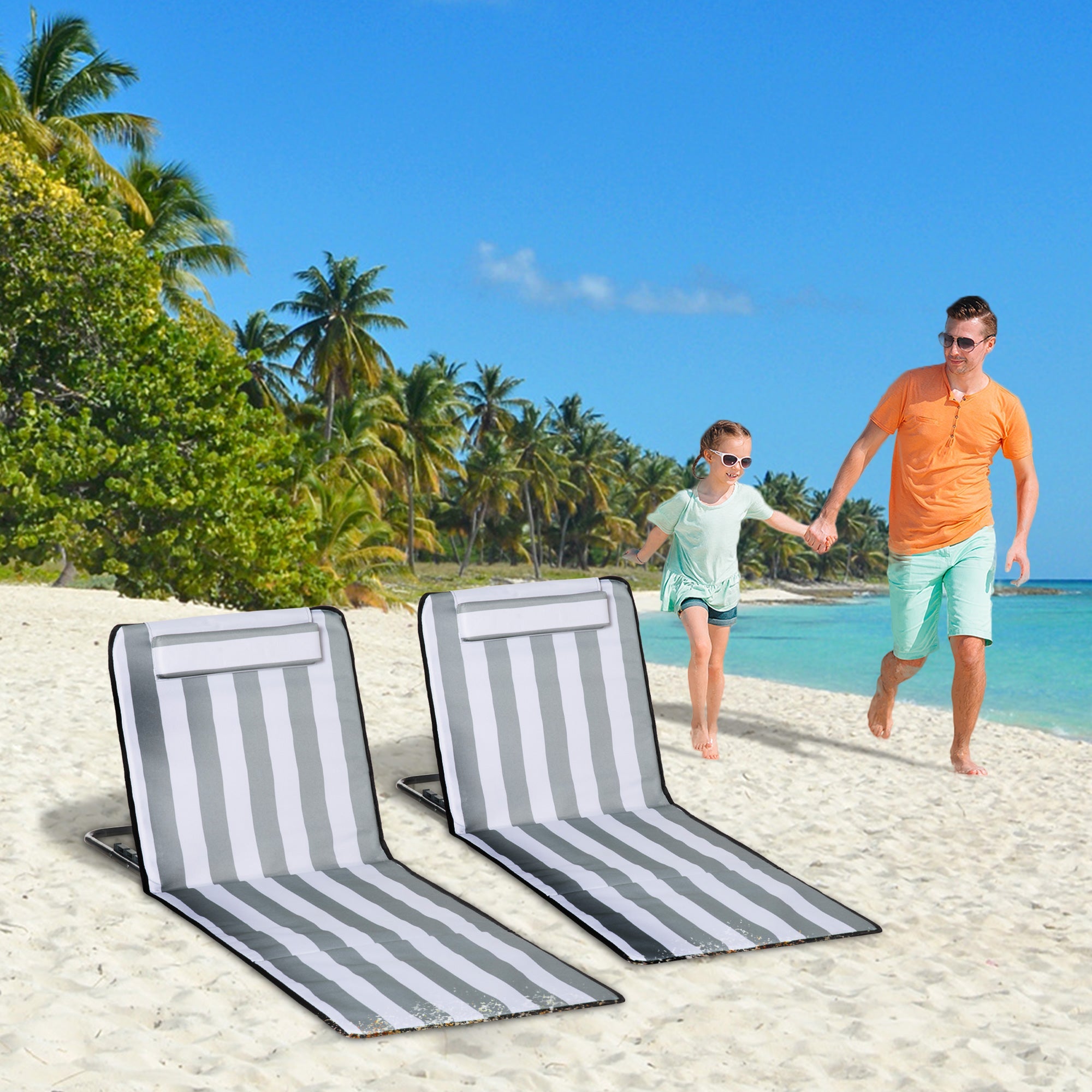 Outsunny 2 Pieces Beach Lounge Chair, Outdoor Folding Chaise Lounge Set w/ Pillow for Sunbath, Snap, Light Grey and White 