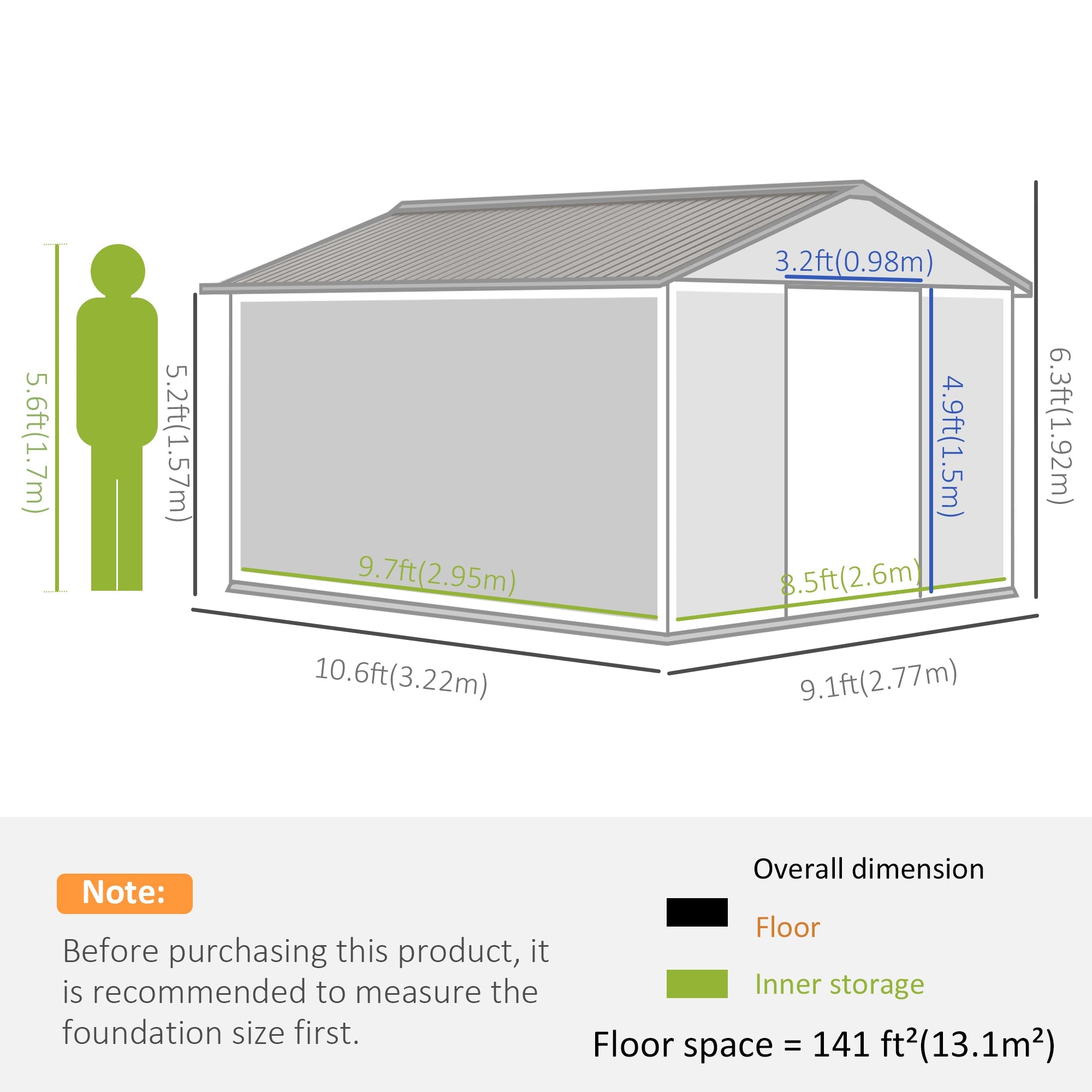 Outsunny 9' x 10.6' Garden Storage Shed w/ Foundation Kit Metal Tool Storage House w/ Double Doors Brown 