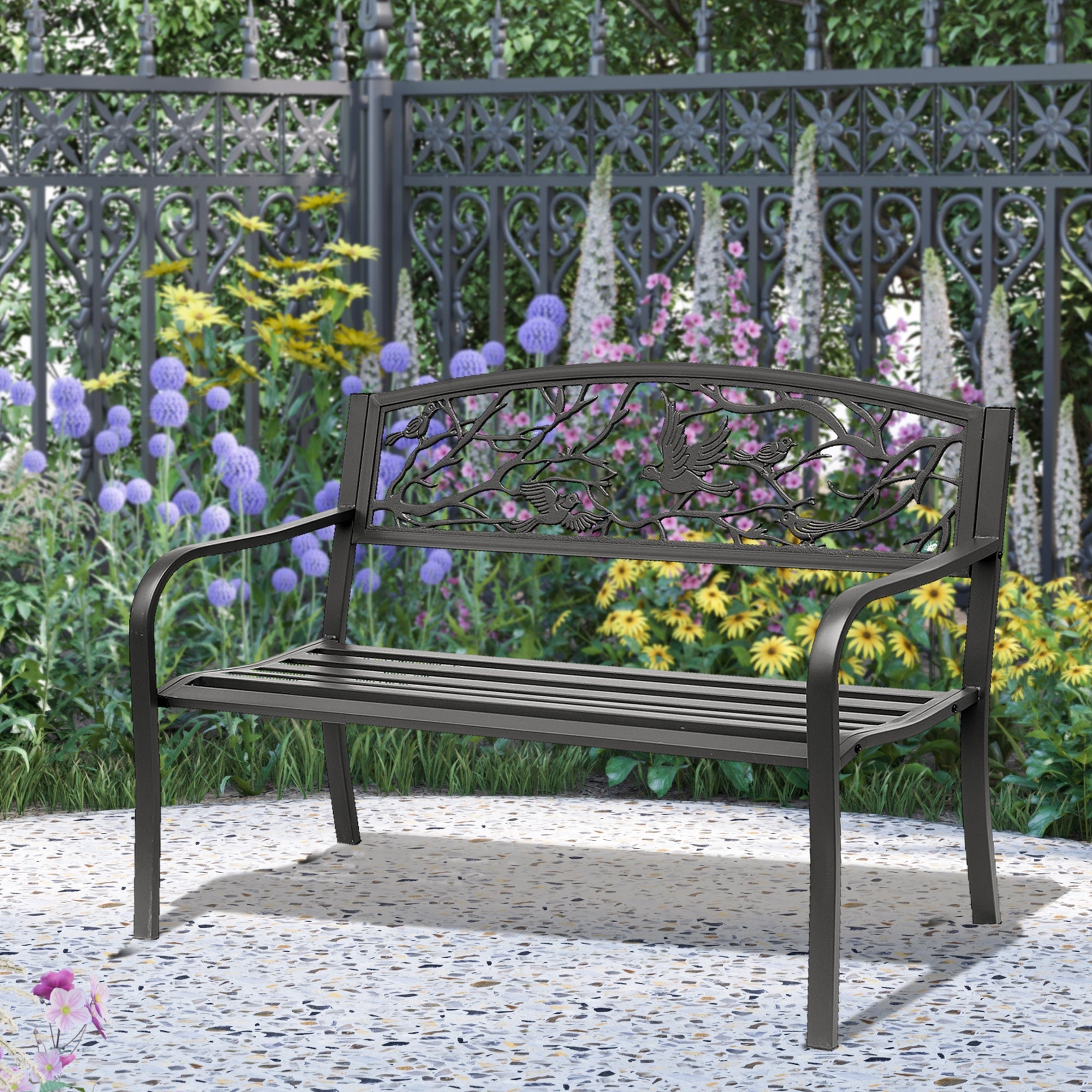 Outsunny Vintage Garden Bench Outdoor Loveseat Bird Pattern Durable Black Seating 