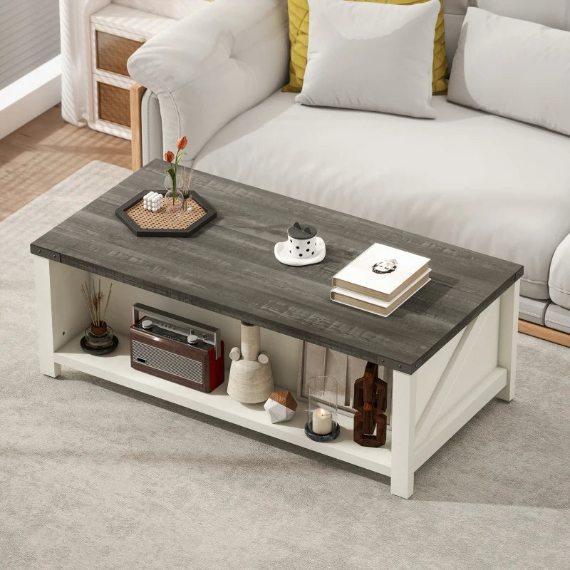 Farmhouse Coffee Table with Drawer, Open Storage Shelf for Living Room, Dining Room, Office, Distressed White
