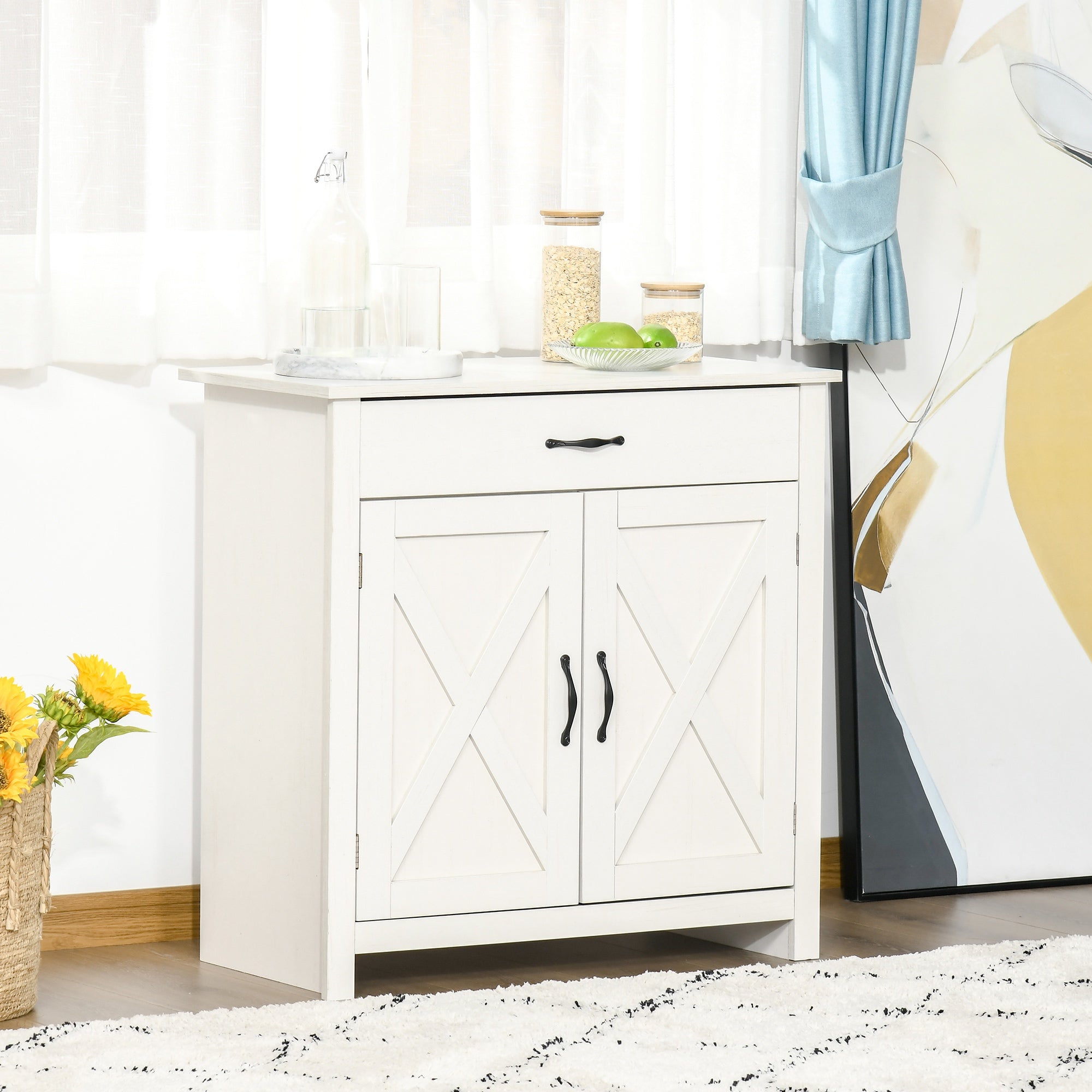 HOMCOM Distressed White Barn Door Cabinet: Farmhouse Sideboard Buffet Storage Coffee Bar for Living Room, Entryway, White Wash Finish 