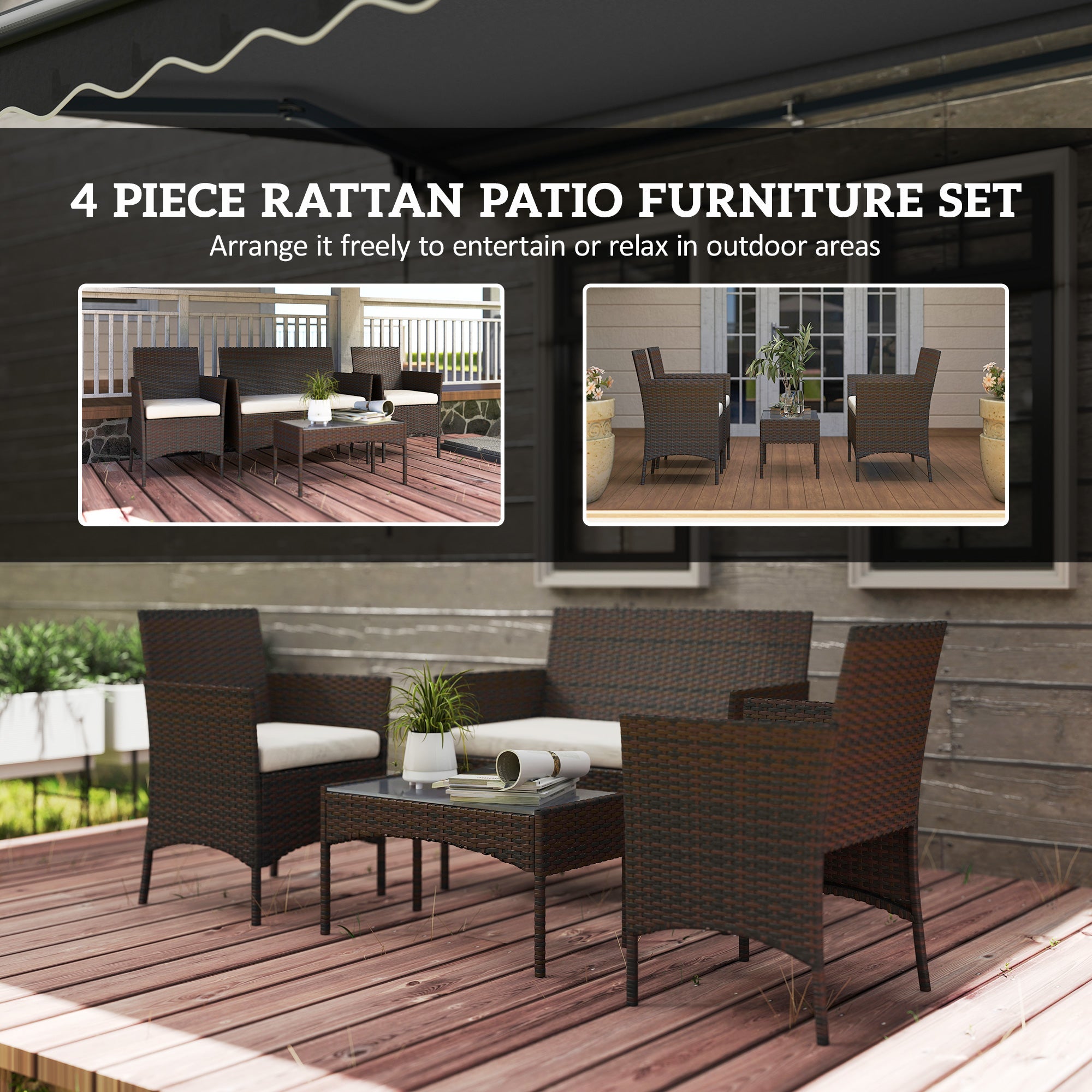 Outsunny 4 Pieces Wicker Outdoor Balcony Furniture Set Rattan Patio Furniture Set with Loveseat Chairs Glass Coffee Table Beige 
