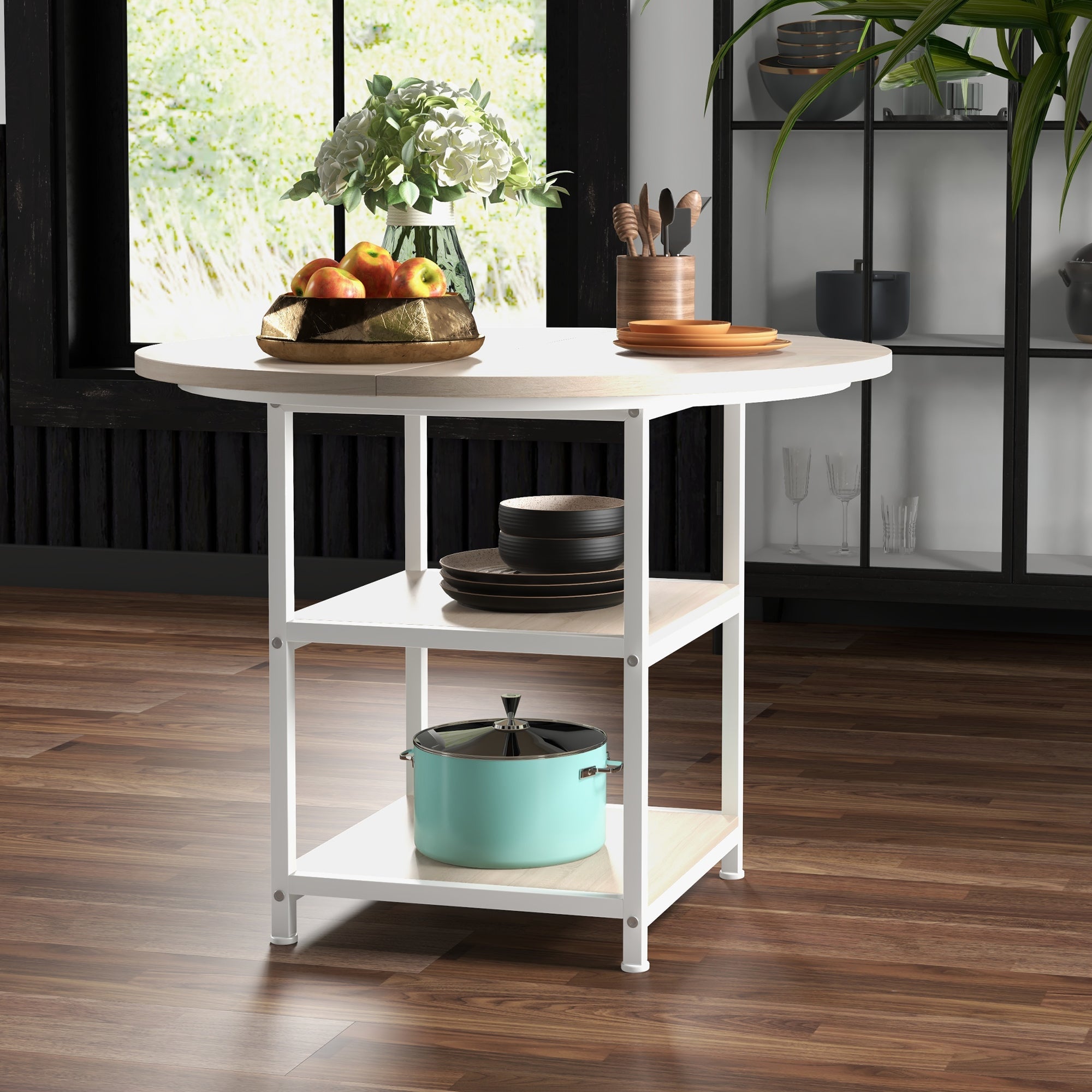 HOMCOM Round Kitchen Table for 4-6 People, 39.4 Inch Industrial Dining Table with Storage Shelves, Oak 