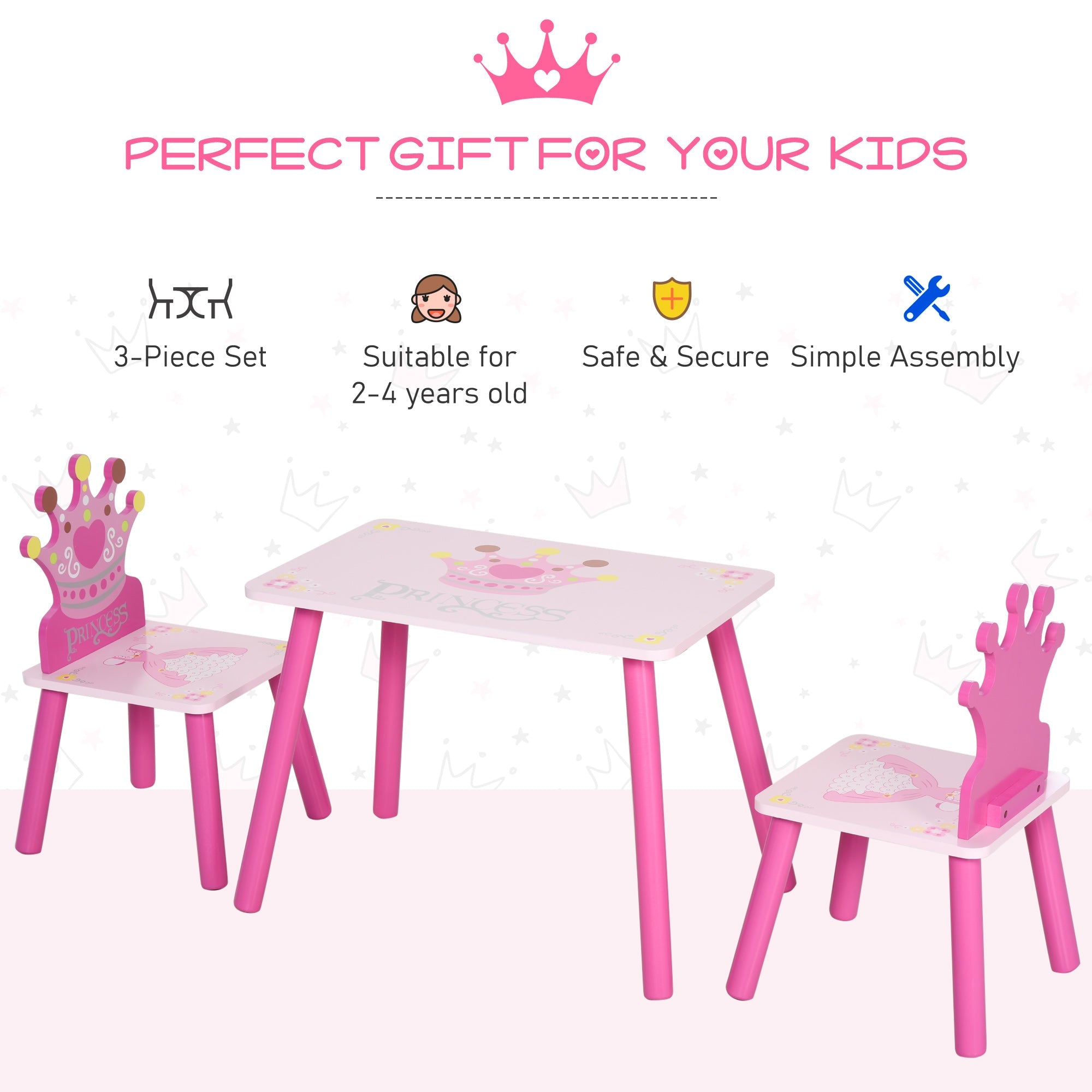 Qaba Petite Princess: 3-Piece Wooden Table and Chair Set with Crown Pattern, Pink Finish for Girls 