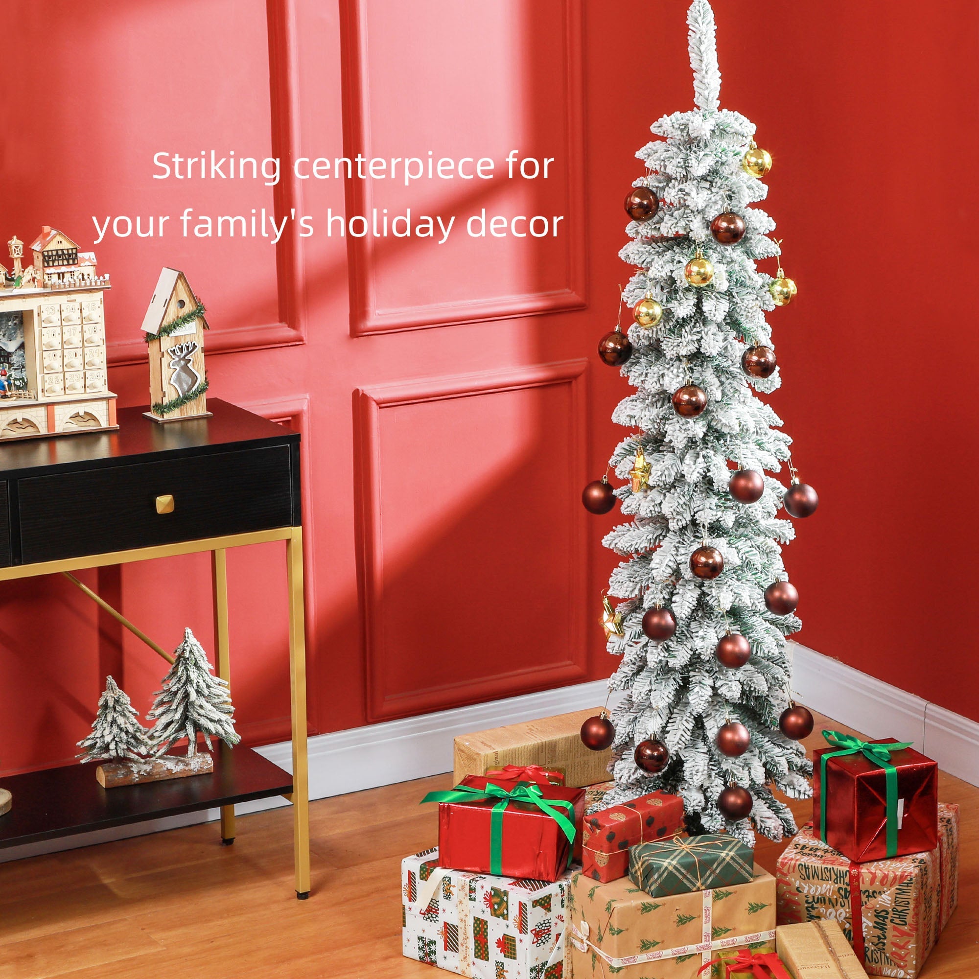 HOMCOM 5ft Snow-Flocked Artificial Christmas Tree, Slim Pencil Xmas Tree with 301 Realistic Branches, Metal Base, Green 