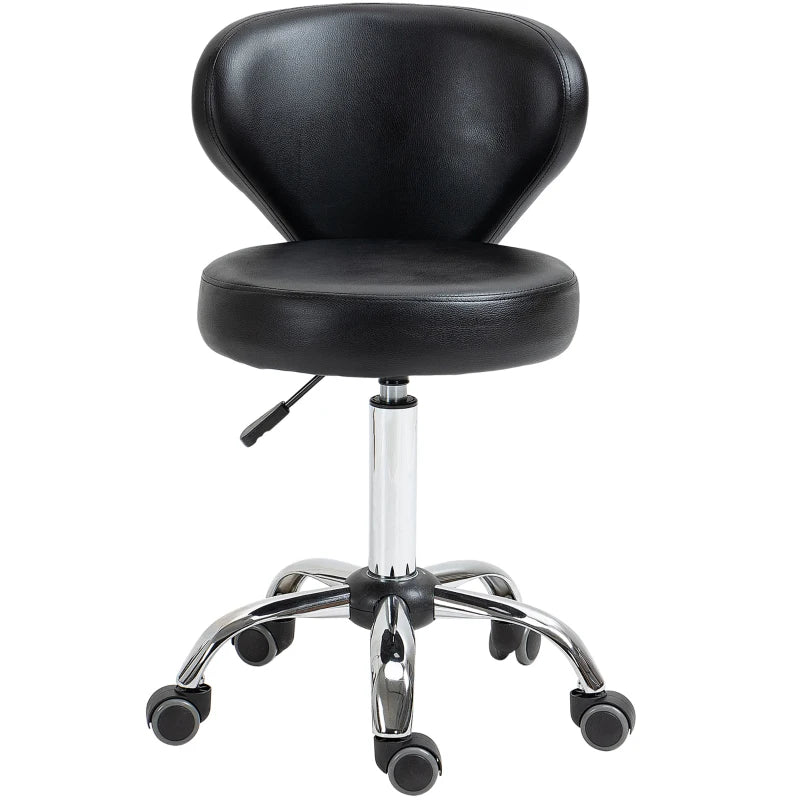 Adjustable Swivel Salon Stool with Backrest and Wheels, Office & Living Room Chair, Synthetic Leather, Black