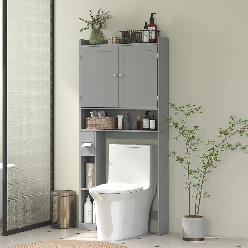 Modern Over the Toilet Storage Cabinet with 2 Doors, Above Commode Storage Cabinet with Toilet Paper Holder, Grey