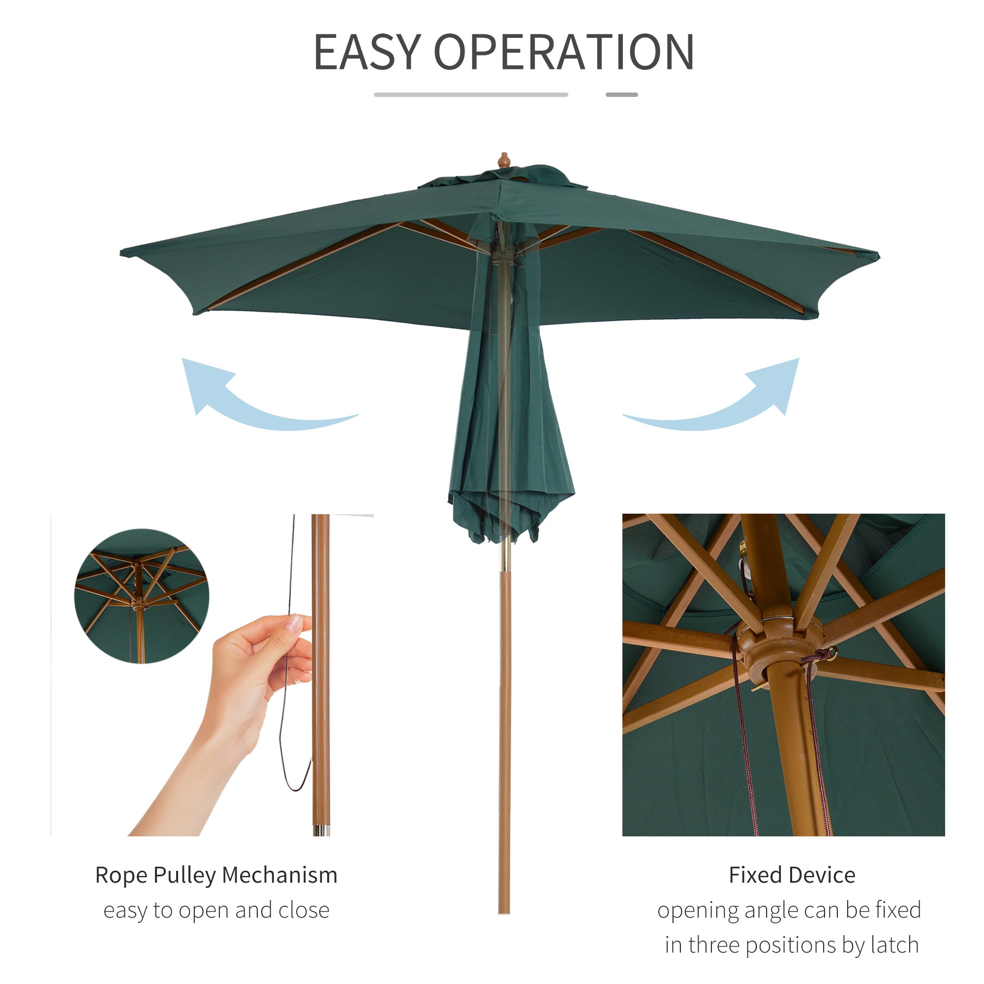 Outsunny Wood Patio Umbrella: 8FT Round Market Garden Parasol with Bamboo Ribs & Top Vent, Dark Green 