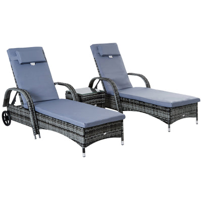 Outsunny 3 Pieces Patio Rattan Chaise Lounge Set, Outdoor PE Wicker Reclining Lounger Furniture Set, Grey 