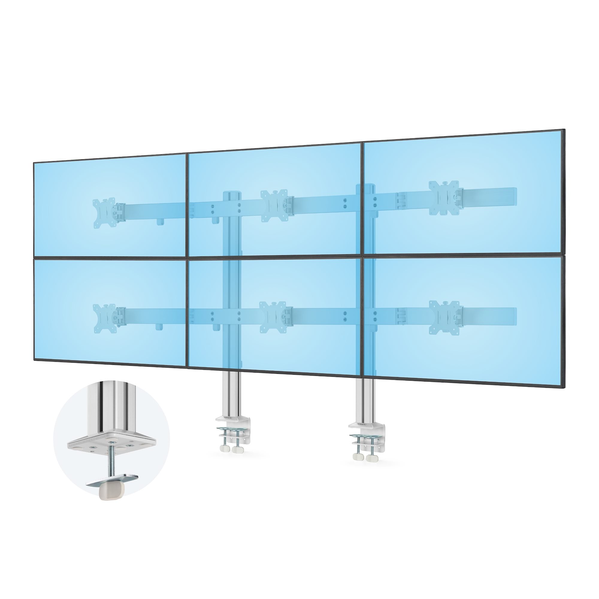 Six-Monitor Desk Mount with Crossbar, Up To 32-inch Computer Screens, Max 17.6lb (8kg) each, Dual Column, C-clamp/Grommet, Height Adjustable 