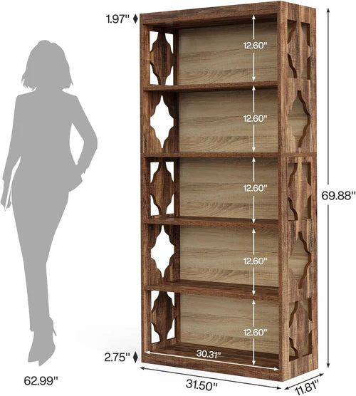 Bookshelf 70" 6-Tier Wood Bookcase with Storage Shelves and Rhombus Pattern Design for Living Room Office Bedroom