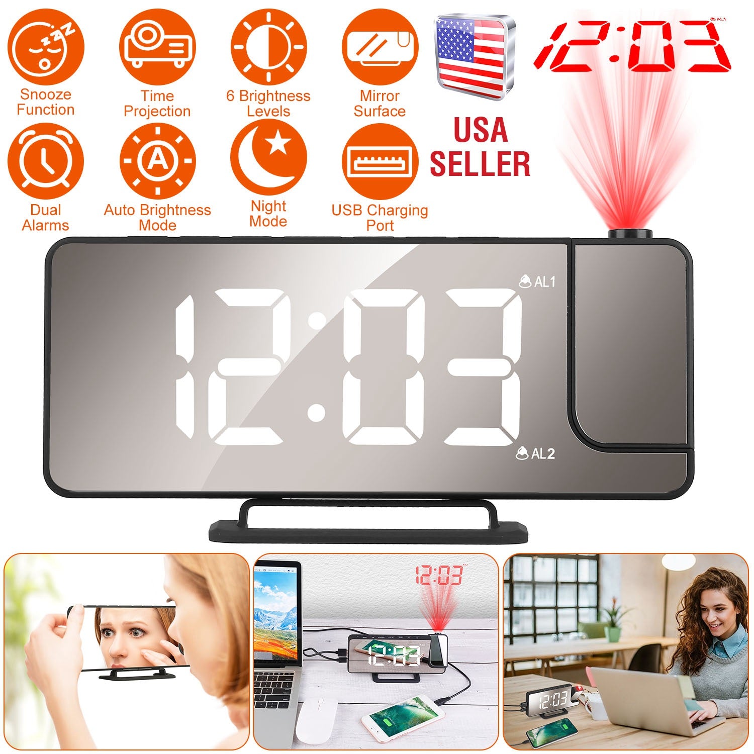 Projection Alarm Clock LED Digital Alarm Clock with Dual Alarms Snooze Function 6 Dimmer 12/24 Hour USB Port 7.7In Mirror 