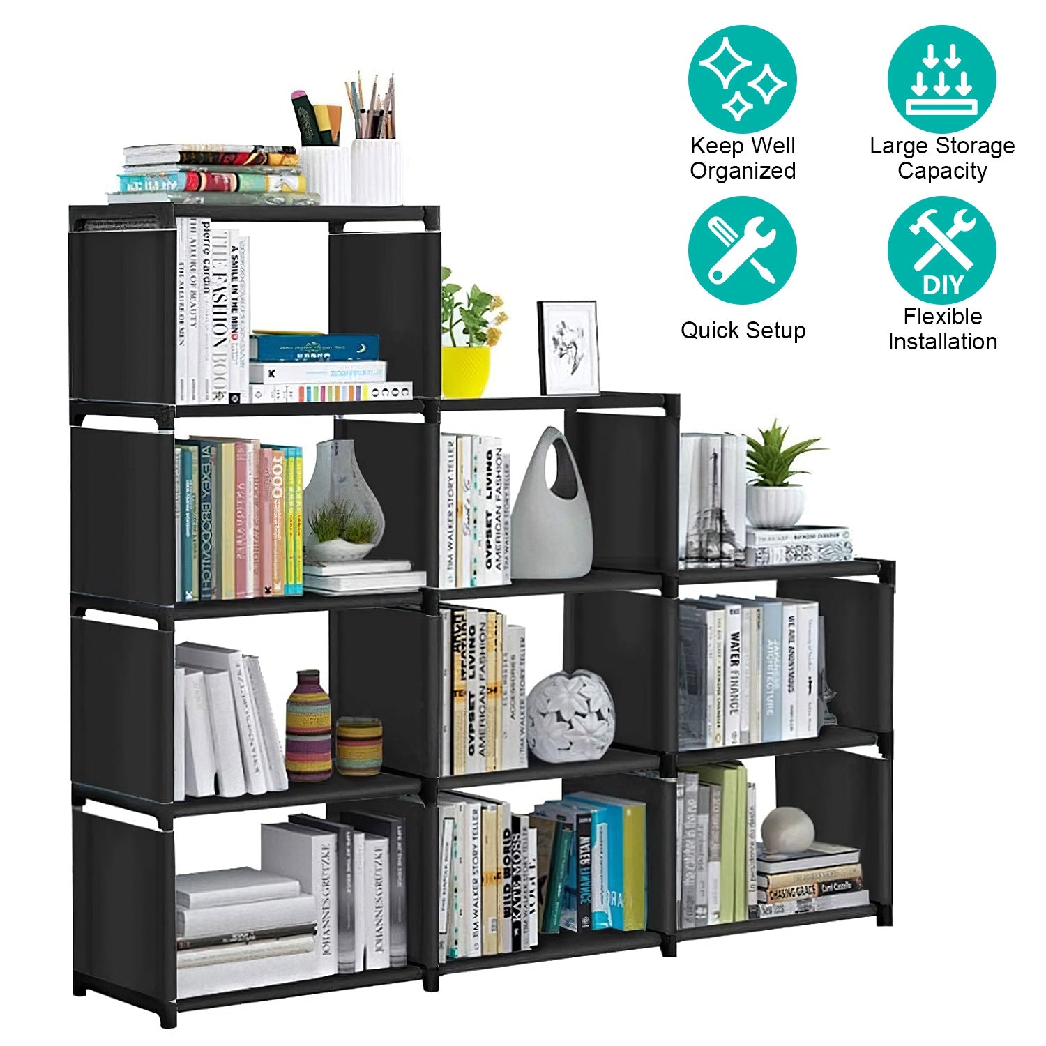 Cube Storage Organizer 9 Cubes Closet Shelves Cabinet Bookcase Non-Woven Fabric Cube Shelf for Living Room Bedroom Office