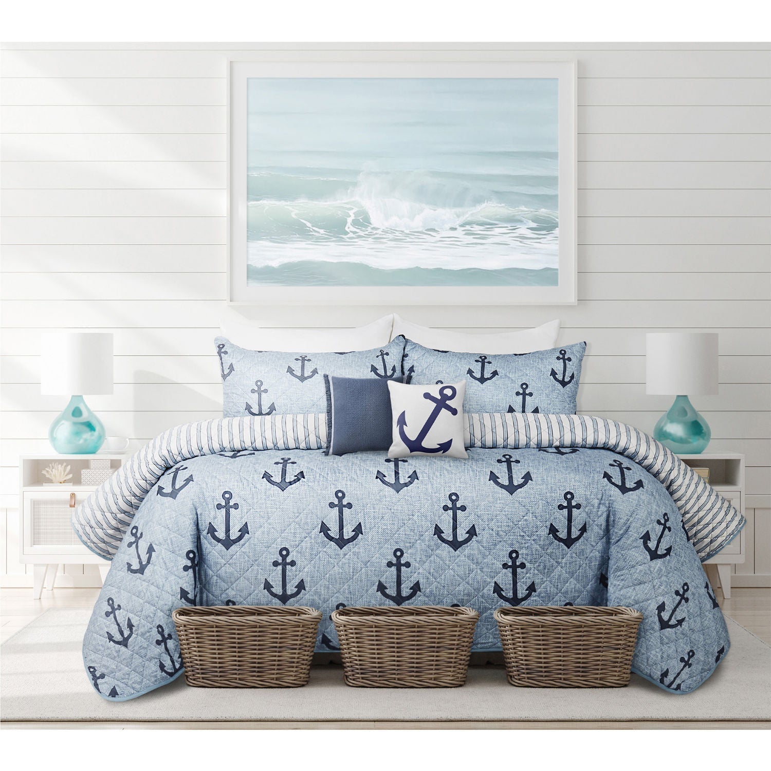 Woven Microfiber Ptd Quilt Bedding Set 3 Piece King Blue Anchors 