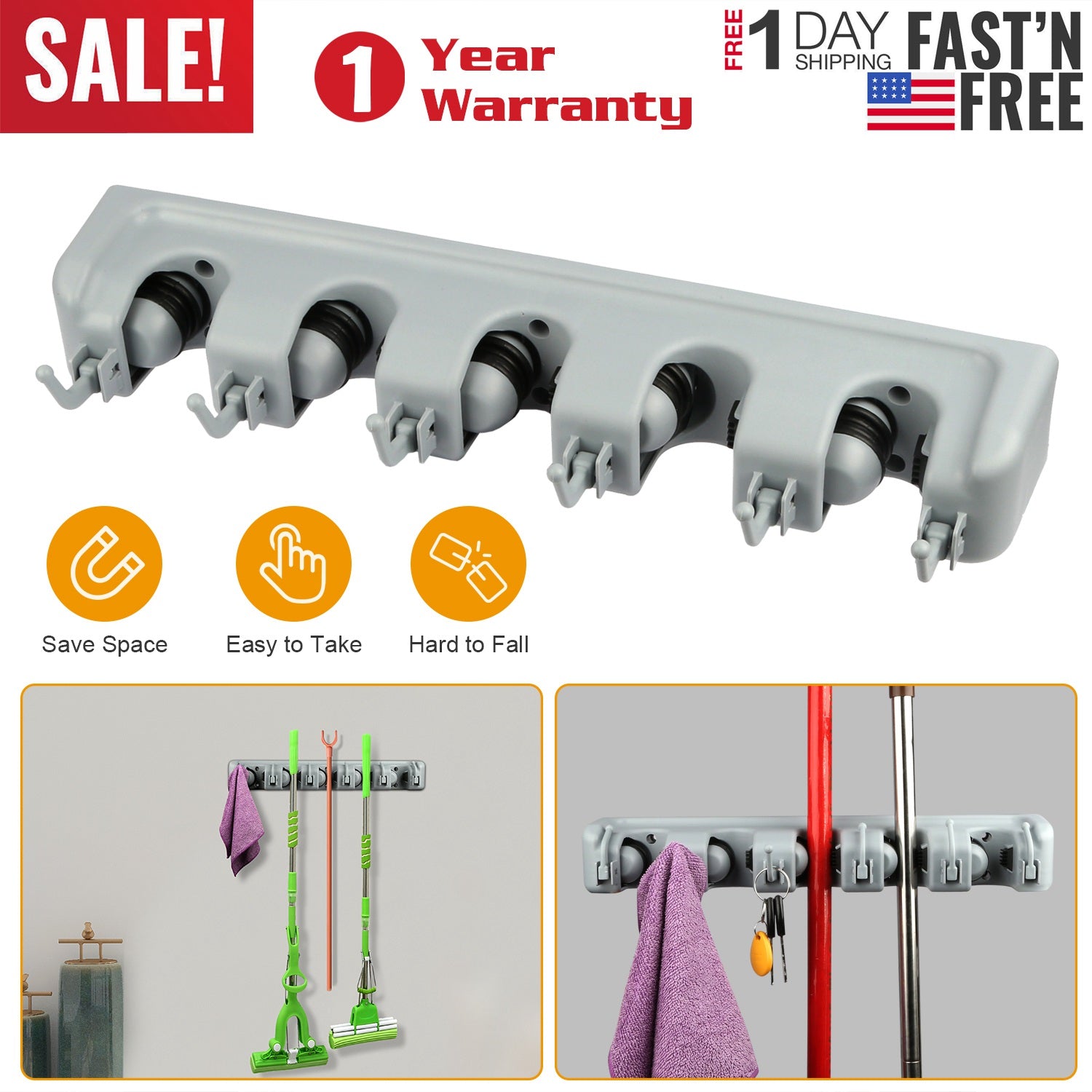 Mop Holder Wall Mount Mop Broom Holder Mop Hanger Organizer Storage Rack w/ 5-Position for Home Bathroom Kitchen Garage