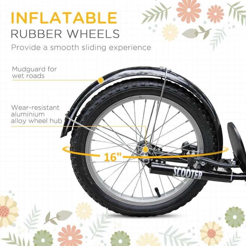 Aosom Kick Scooter with Adjustable Handlebar, Kids Scooter with 2 Brakes Basket Cupholder 16" Inflatable Rubber Tyres Orange