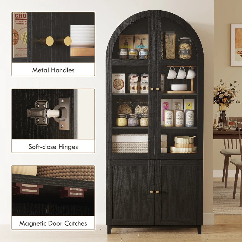 Arched Kitchen Pantry Cabinet, 71" Tall Farmhouse Kitchen Storage Cabinet with Acrylic Glass Doors, Black