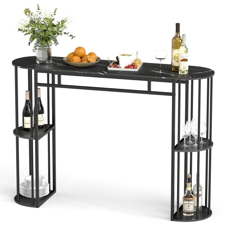 60 Inch Long Bar Table Narrow with Faux Marble Tabletop and Storage Shelves-Black