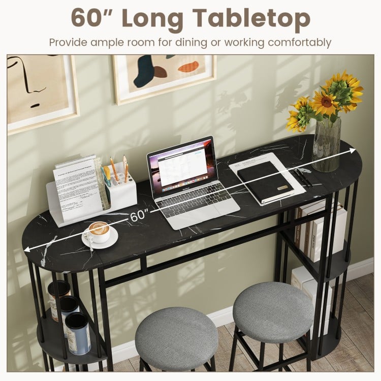 60 Inch Long Bar Table Narrow with Faux Marble Tabletop and Storage Shelves-Black