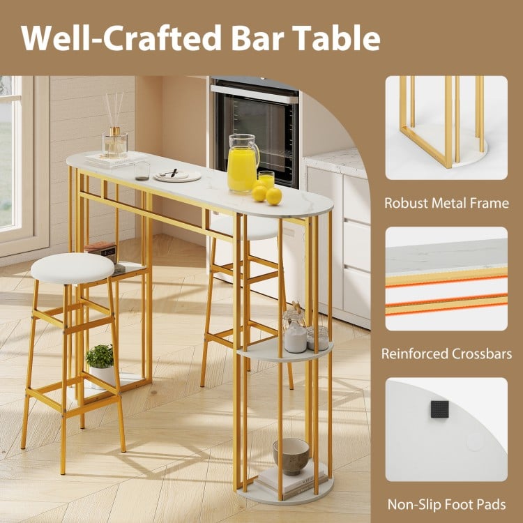 60 Inch Long Bar Table Narrow with Faux Marble Tabletop and Storage Shelves-White