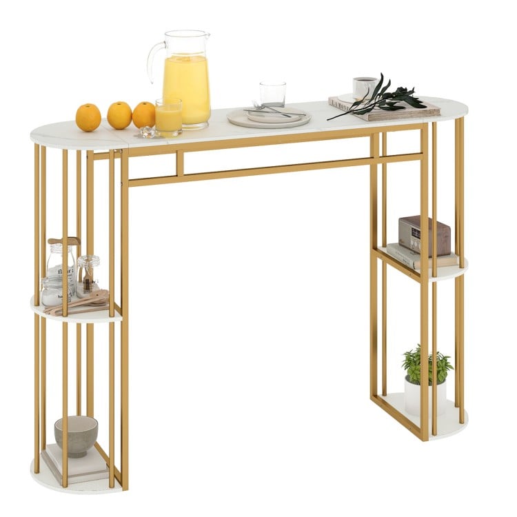 60 Inch Long Bar Table Narrow with Faux Marble Tabletop and Storage Shelves-White