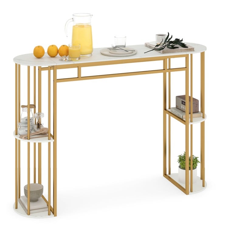 60 Inch Long Bar Table Narrow with Faux Marble Tabletop and Storage Shelves-White