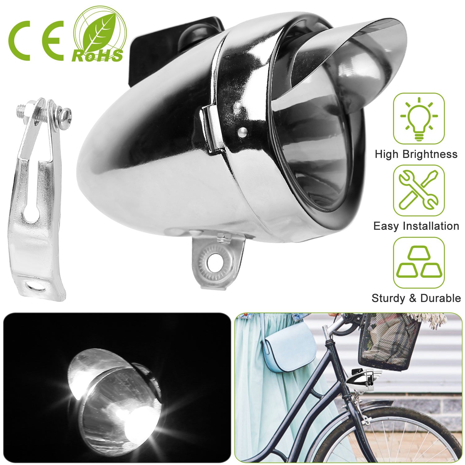 Vintage Bicycle Front Headlight Retro Metal Chrome Silver Shell Bright Bike LED Light Night Riding Safety Cycling Fog Light Headlamp with Bracket