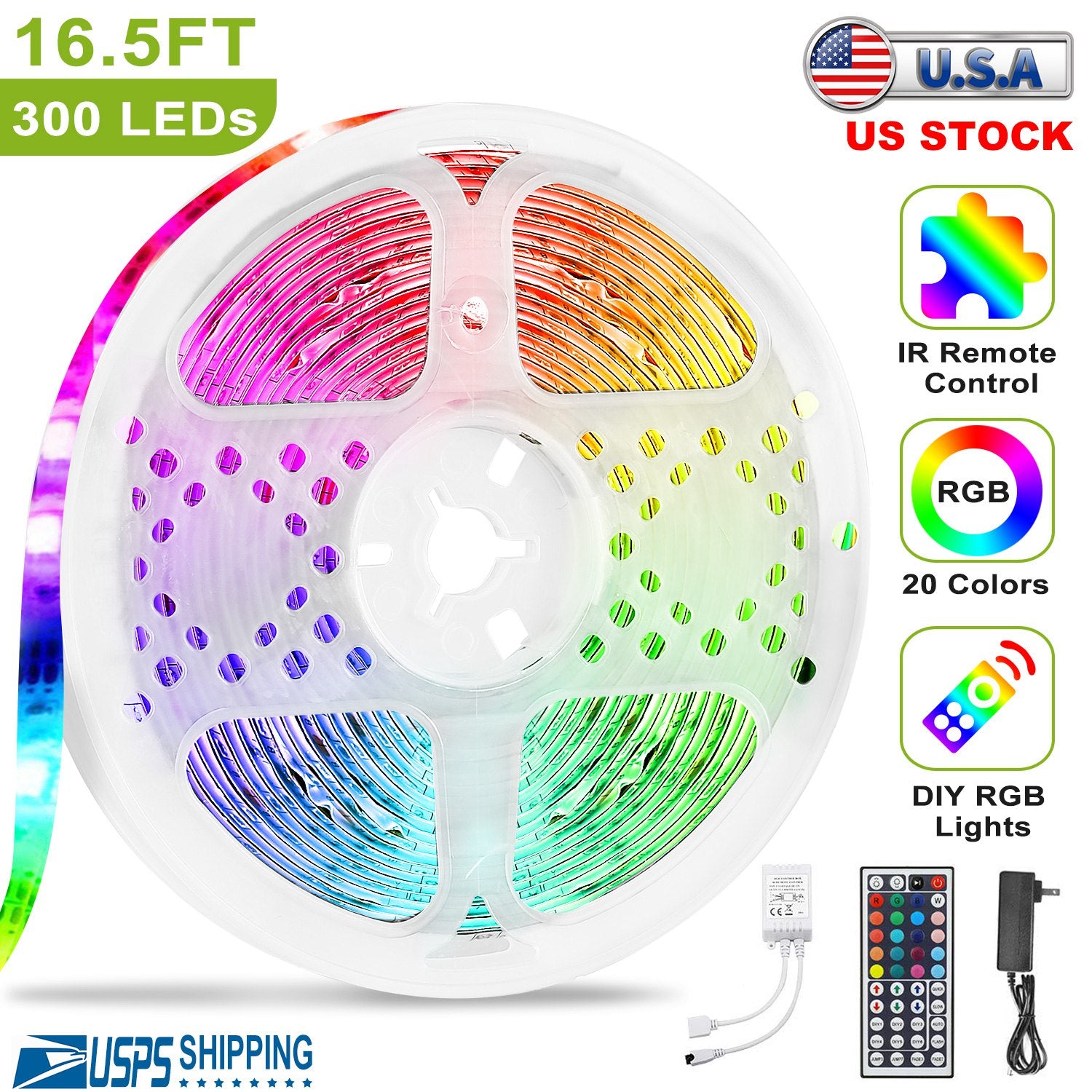 300 LEDs Strip Lights 5M/16.5ft 20 Colors RGB LED Strip IP65 Waterproof w/ Remote