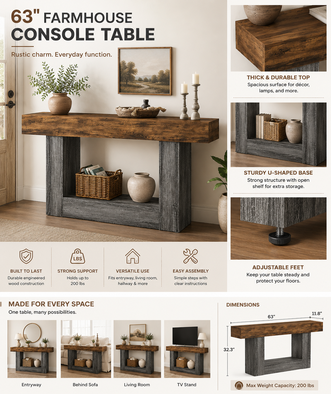 Rustic Farmhouse Console Table – 63” Entryway & Sofa Table