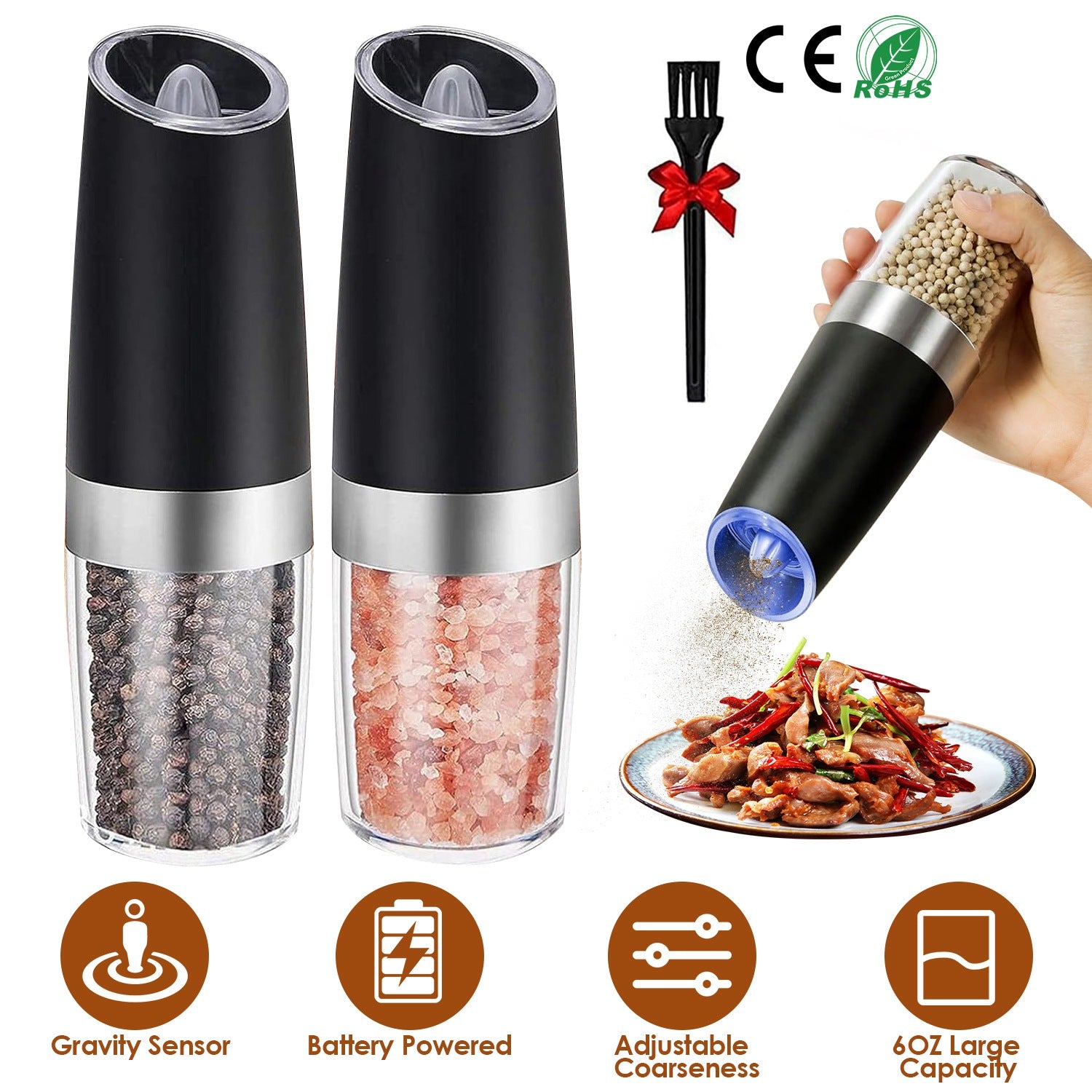 2Pcs Gravity Sensing Salt and Pepper Grinder Automatic Electric Salt Mill Grinder With Built-in LED Lights Adjustable Coarseness One Hand Operation Ba 